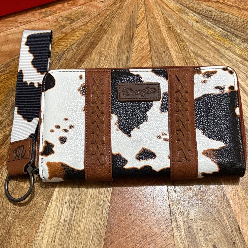 Wrangler Black and Brown Cow Print Wallet with Keychain